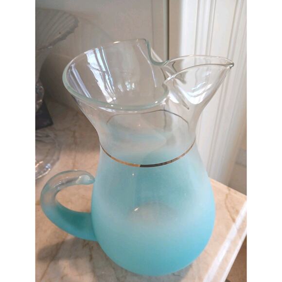1950 West Virginia Blendo Glass Pitcher Frosted Turquoise Gold w Box Party MCM - Picture 7 of 16